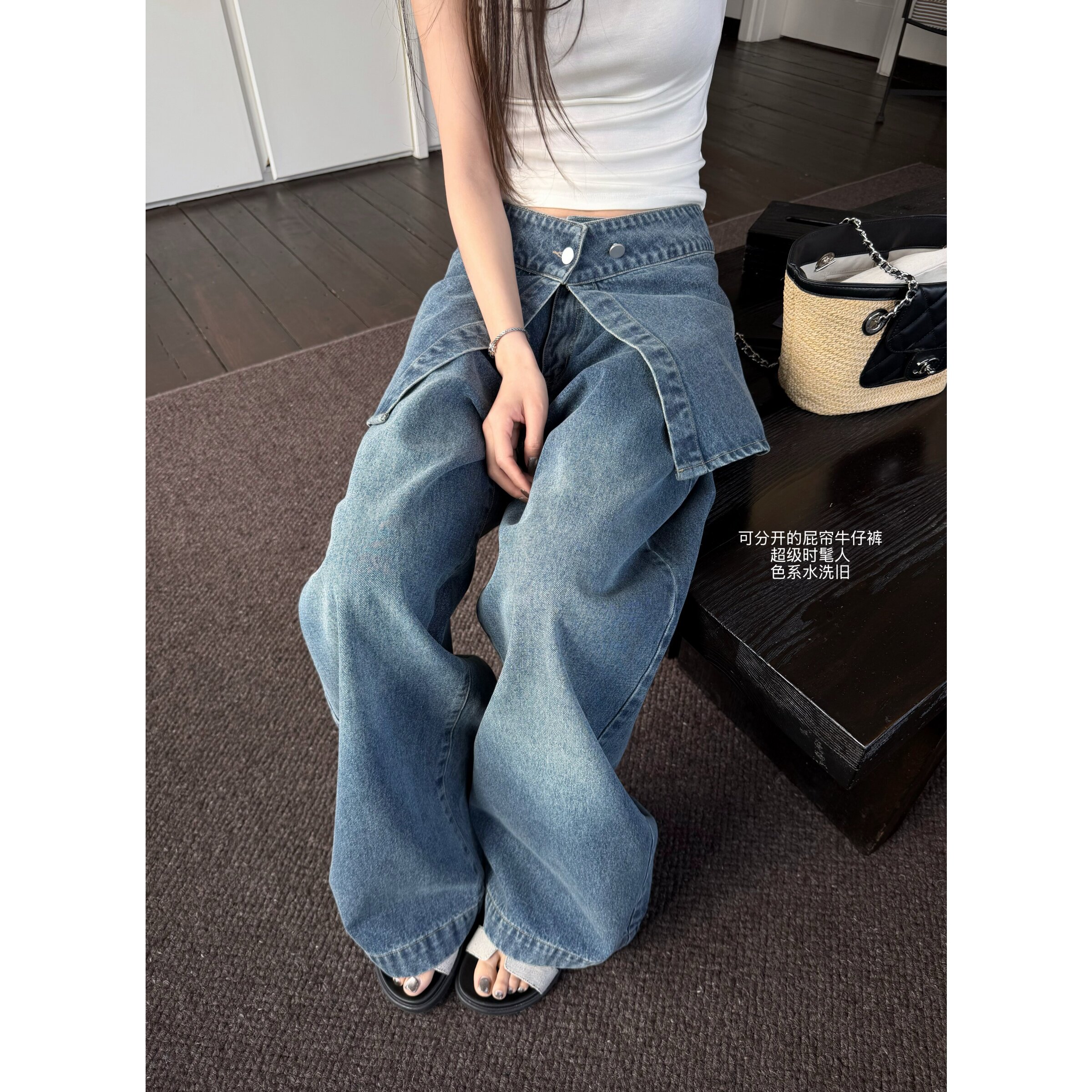 '冰蓝生椰'时髦人可拆卸屁帘水洗蓝中低腰牛仔裤阔腿裤长裤春夏女