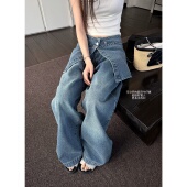 长裤 阔腿裤 时髦人可拆卸屁帘水洗蓝中低腰牛仔裤 春夏女 冰蓝生椰