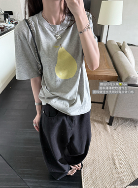 superniniyy 香梨&水果印花简约休闲圆领全棉宽松短袖T恤上衣女夏