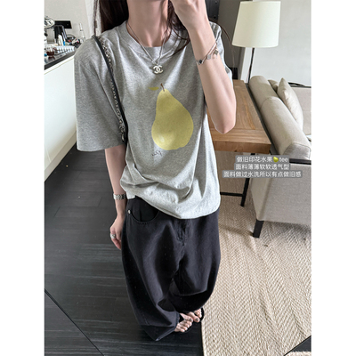 superniniyy 香梨&水果印花简约休闲圆领全棉宽松短袖T恤上衣女夏