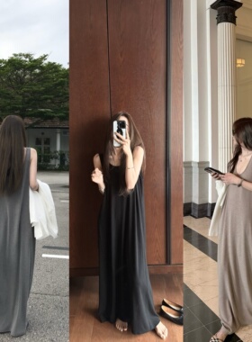 '漫步懒人裙'全棉chao慵懒松弛清冷感垂软大裙摆长裙背心连衣裙夏