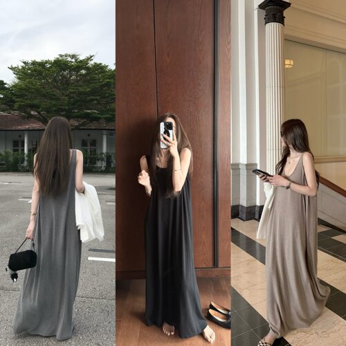 '漫步懒人裙'全棉chao慵懒松弛清冷感垂软大裙摆长裙背心连衣裙夏