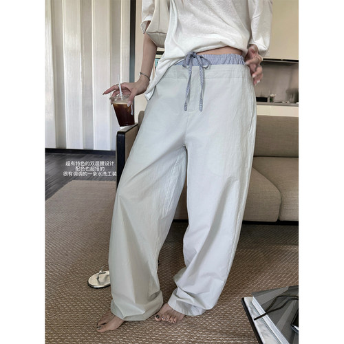 superniniyy 设计感双腰拼色水洗抽绳工装休闲裤宽松阔腿裤女夏季