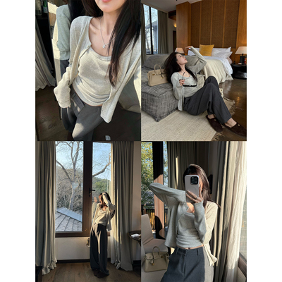 superniniyy 芝麻糕 慵懒感套装圆领吊带背心针织开衫两件套女春