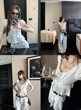 superniniyy 奶油拉花or波点司马克打揽蕾丝拼接荷叶边短袖上衣夏