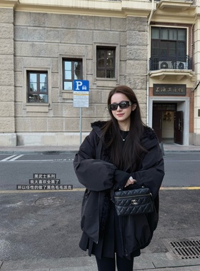 '朝歌黑武士'allblack超酷捏皱弯刀袖毛毛领派克棉服棉衣外套女冬