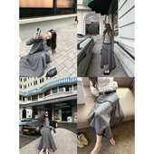 浪漫主义高订专机流苏不规则格雷灰细格子半身裙长裙 半岛情书