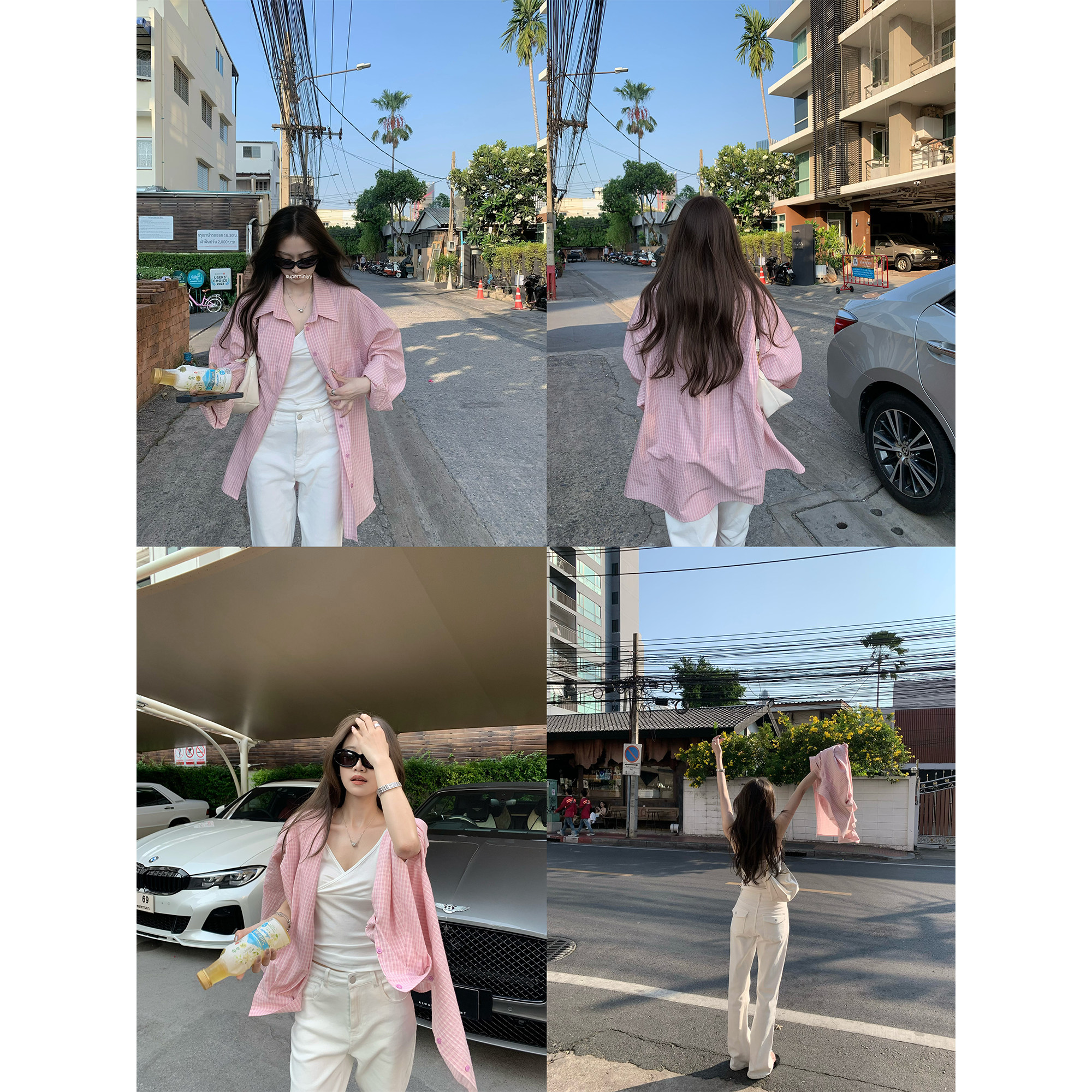 '冰汽水'进口特殊面料百搭好穿实用型chao大件宽松防晒格子衬衫女