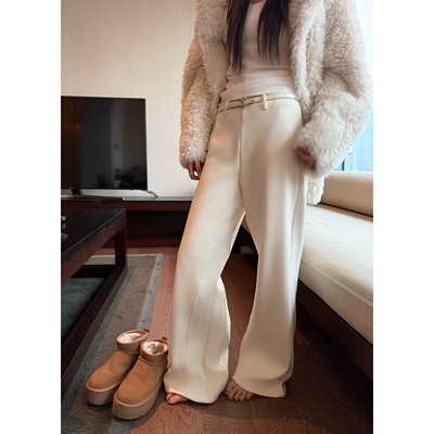'精致气质挂'加绒显瘦重工西装腰头设计窄版立体拼接微喇裤长裤女