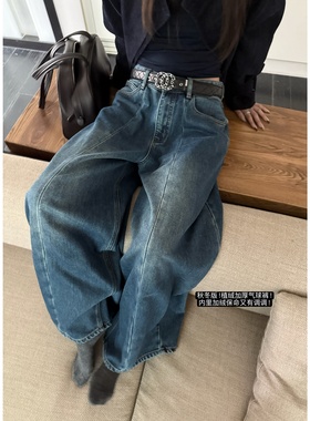 '植绒气球裤'2025秋冬特供洗水蓝加绒加厚切割立体裁片牛仔裤长裤