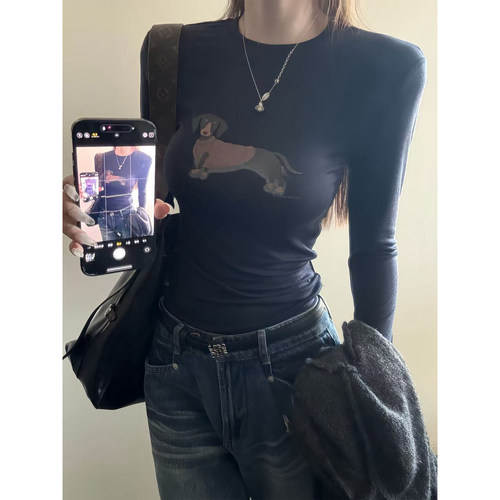 superniniyy 小腊肠&高品羊毛天丝印花狗狗长袖圆领正肩T恤上衣女