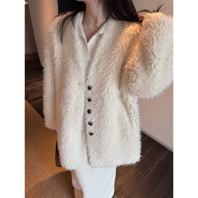 superniniyy 淡颜系不显臃肿温柔时髦感宽松慵懒仿皮草毛呢外套女