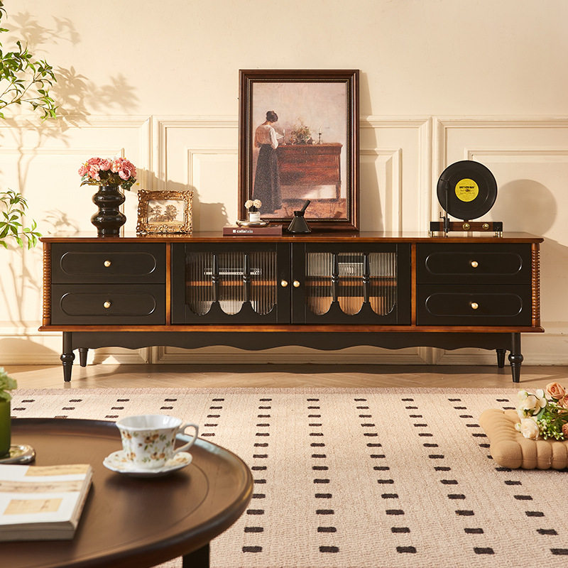 法式复古实木电视柜美式客厅双层落地电视柜中古四斗收纳电视机柜