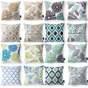 新款简约典雅几何印花抽象花卉亚麻抱枕套桃皮绒沙发靠枕套靠垫套