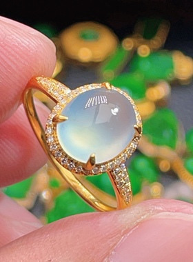 18K金天然翡翠A货-2880蛋面高冰戒指K黄镶嵌钻石珠宝玉石简约大气