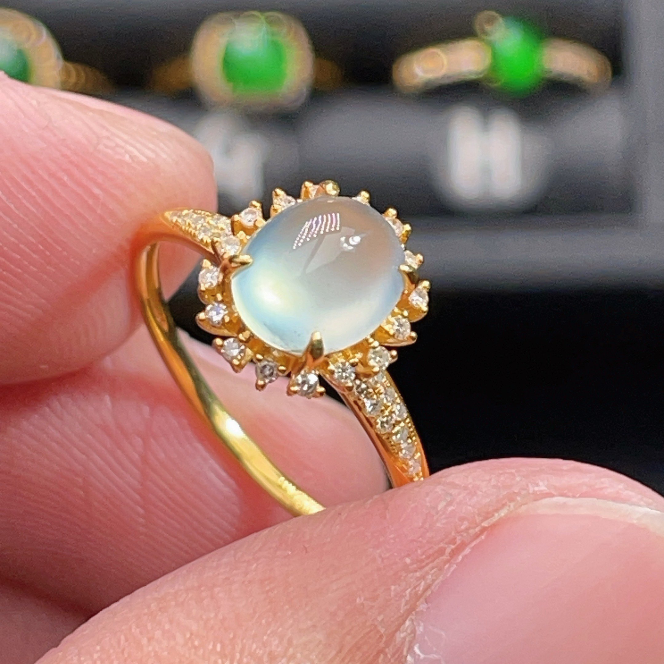 18K金天然翡翠A货-2980蛋面高冰戒指K黄镶嵌钻石珠宝太阳花女款,珠宝/钻石/翡翠,戒指/指环,淘宝优惠券,粉丝福利购,淘宝优惠卷