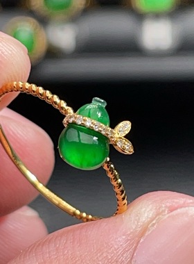 18K金天然翡翠A货-1380葫芦满绿戒指K黄镶嵌钻石腰带阳绿珠宝玉石