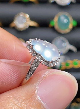 18K金天然翡翠A货-高冰葫芦戒指K白3480镶嵌钻石太阳花珠宝玉石