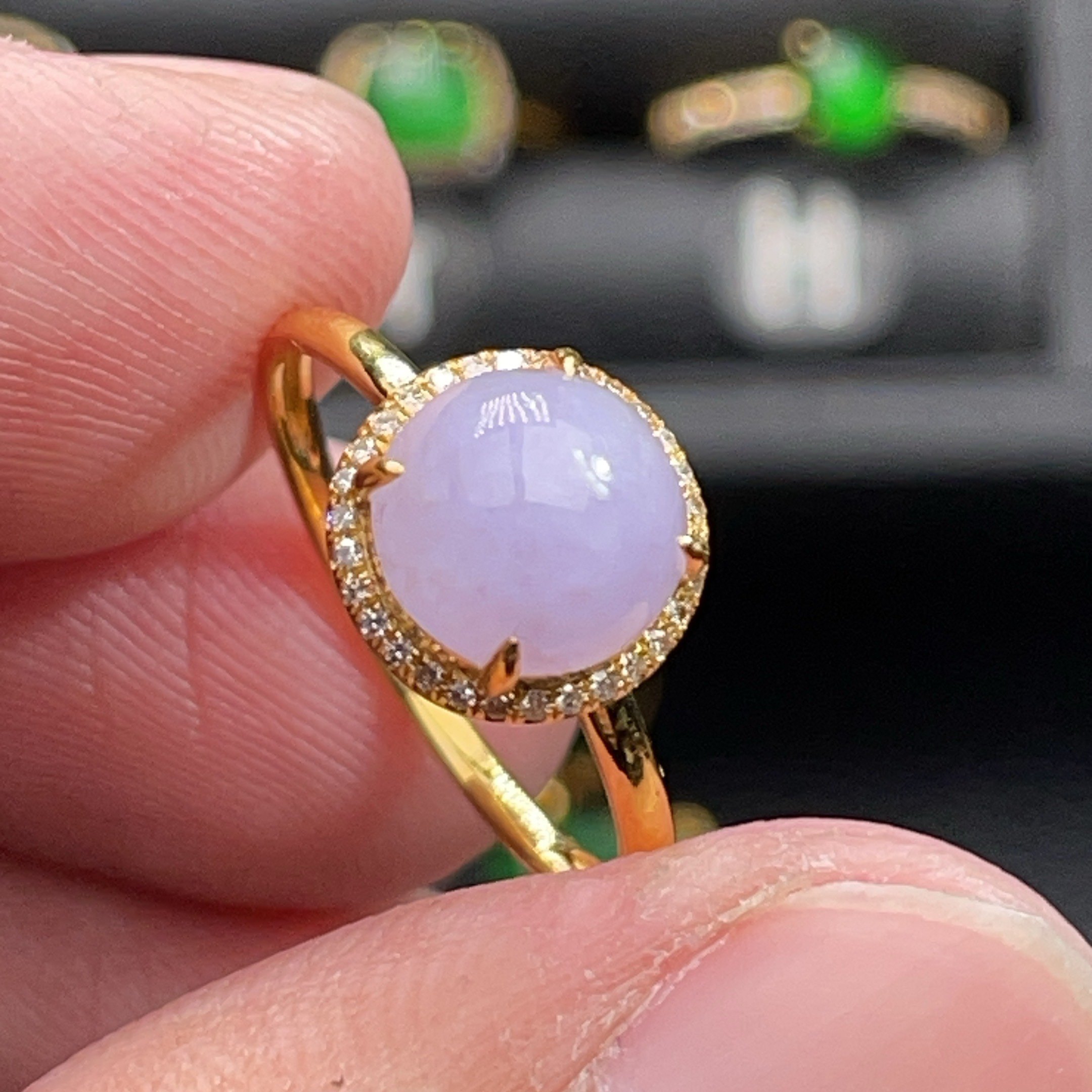 天然翡翠A货18K金-2380蛋面紫罗兰戒指K黄镶嵌钻石珠宝玉石简约,珠宝/钻石/翡翠,戒指/指环,淘宝优惠券,粉丝福利购,淘宝优惠卷