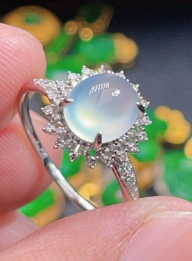 18K金天然翡翠A货-3980蛋面高冰戒指K黄镶嵌钻石珠宝太阳花大气