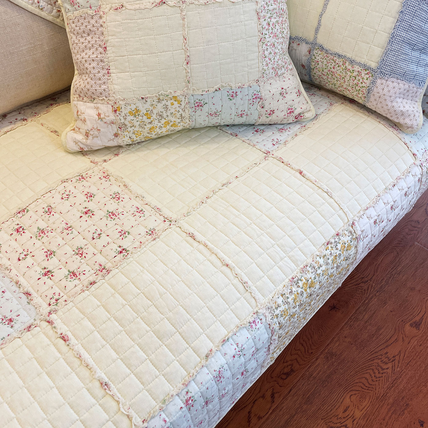 新品绗缝全棉拼布加厚防滑沙发垫子纯棉淡雅蓝色坐垫四季通用秋冬