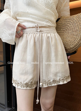 GRACETINA HOO-绣花抽绳高智感通勤百搭休闲短裤KA9106
