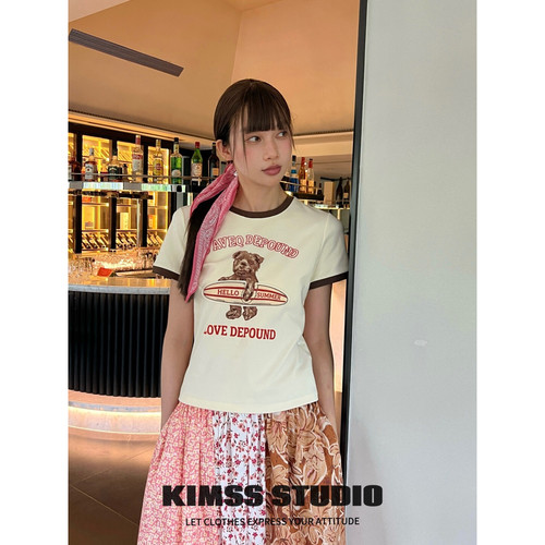 小野家Kimss-撞色圆领修身短款卡通印花短袖T恤36t525