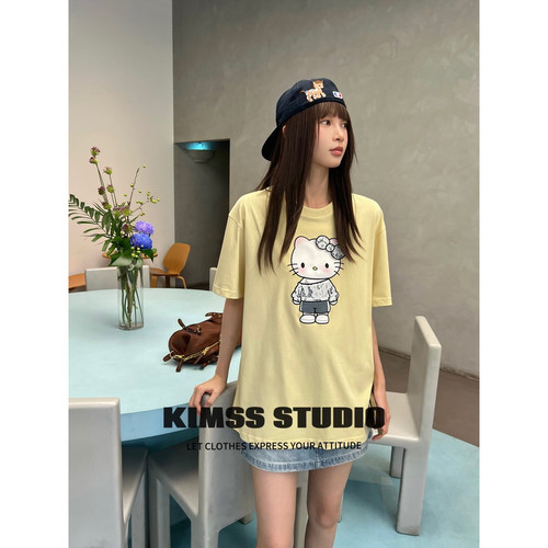 小野家Kimss-减龄卡通图案宽松百搭圆领短袖T恤76t429
