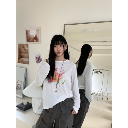 PIE-秋上新韩女晕染花朵印花大领长袖T恤(不含项链+腰包)26167