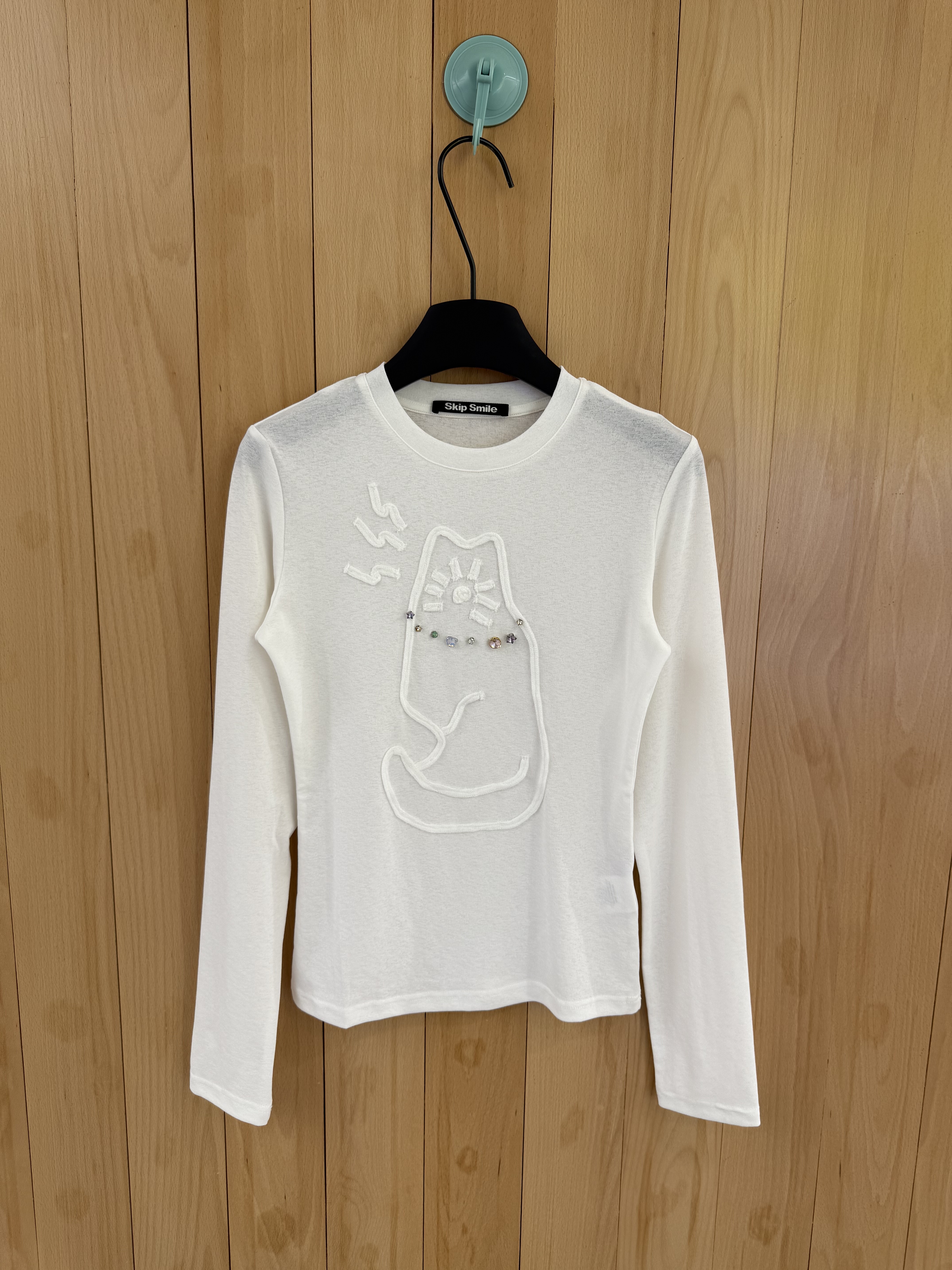 早秋SKip Smile正确版甜美辣妹小猫水钻装饰抽象贴布长袖T恤 上衣
