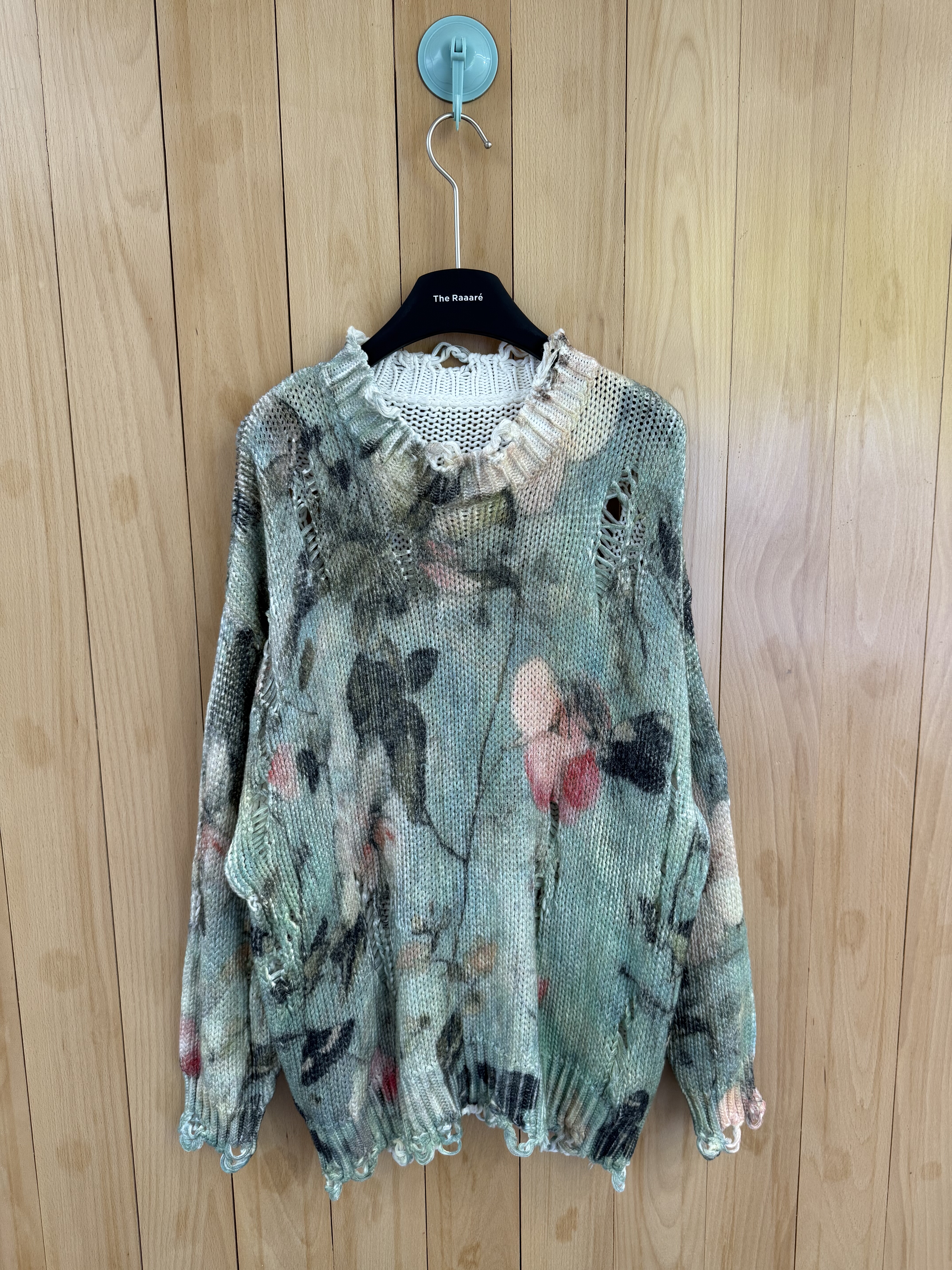 秋冬小众 个性破洞做旧复古水墨印花慵懒针织宽松男女同款 毛衣入