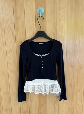 26春SKip Smile正确版甜美辣妹五角星水钻扣子蕾丝花边长袖 T恤入