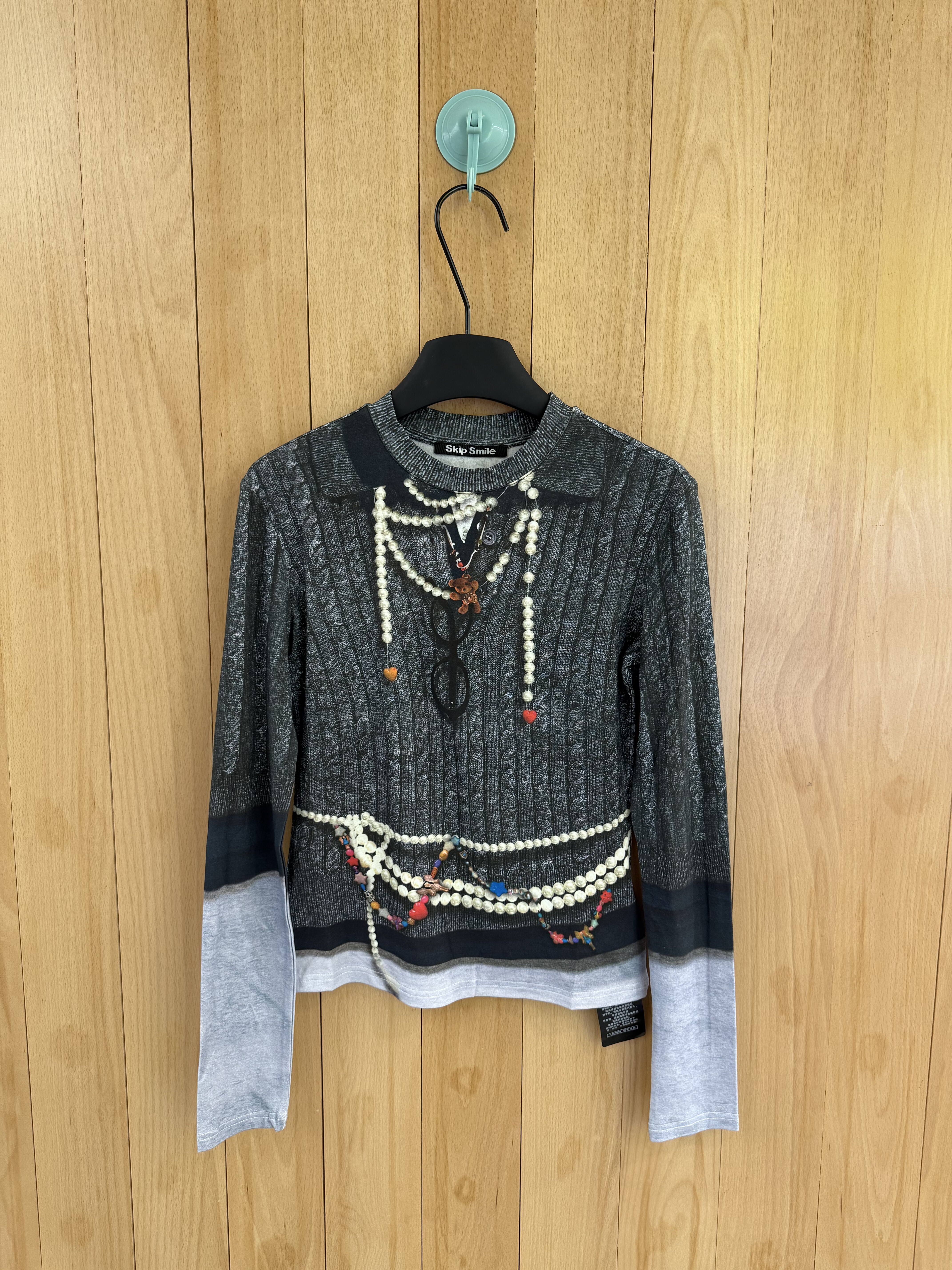 早秋SKip Smile正确版甜美复古涂鸦针织项链印花修身辣妹 T恤上衣