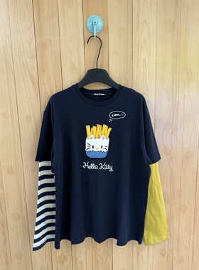 26春SKip Smile～正确版甜美辣妹假两件套趣味薯条猫咪条纹 T恤入