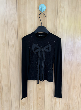 早秋新款SKip Smile正确版立体蕾丝蝴蝶结烫钻拼接上衣甜酷 T恤入