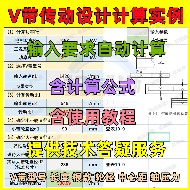 v带传动设计计算实例自动计算工具教程传动比型号根数轮径中心距
