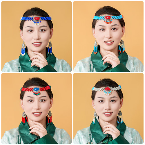 蒙古族发饰头饰耳环蒙古袍配饰民族舞蹈演出头饰女手工串珠耳环
