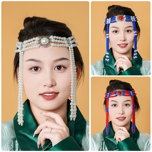 蒙古族舞蹈演出头饰民族风串珠长款流苏发饰儿童成人女童演出佩饰