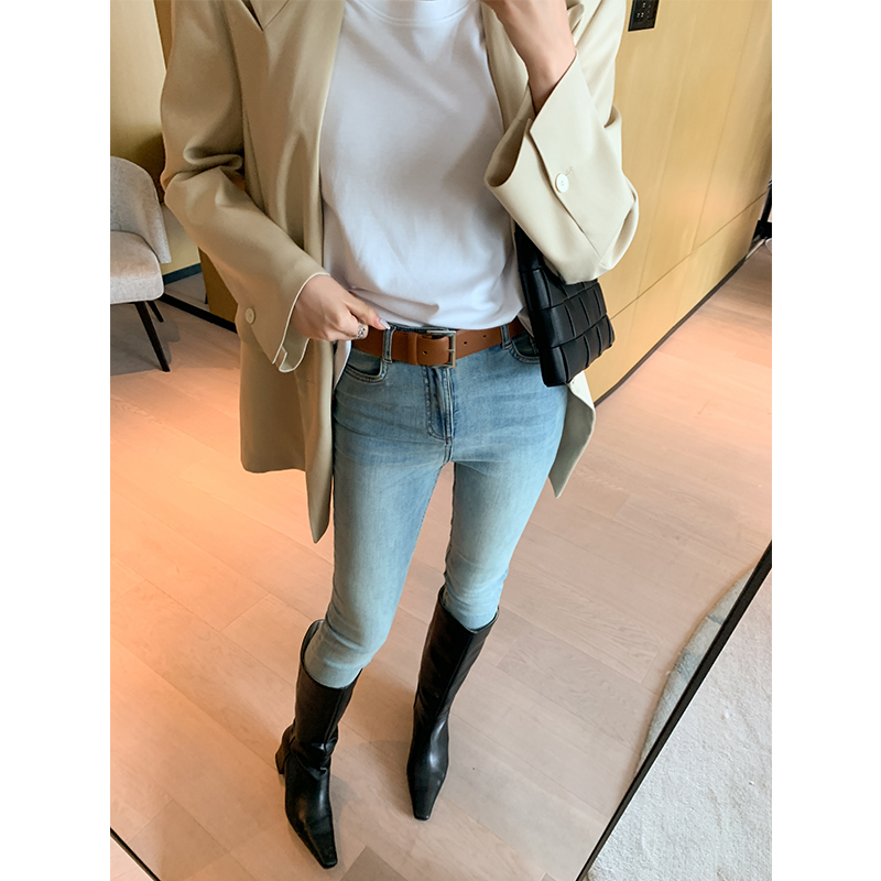 ADA MISS秋新款浅蓝经典蓝紧身修身高腰显瘦毛边小脚牛仔九分裤女
