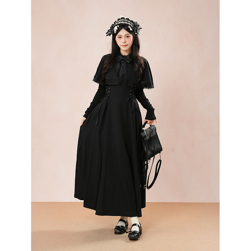 【第十三夜】哥特优雅收腰显瘦连衣裙女2025新款高级感斗篷连衣裙,女装/女士精品,连衣裙,淘宝优惠券,粉丝福利购,淘宝优惠卷