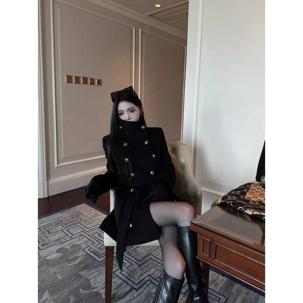 【黑调冷艳】法式气质双排扣收腰大衣秋冬新款高级优雅港风外套女,女装/女士精品,毛呢外套,淘宝优惠券,粉丝福利购,淘宝优惠卷