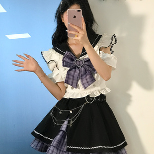 蝴蝶结拼接上衣短裙两件套女夏 梦幻星辰 打歌服短袖 学院风套装