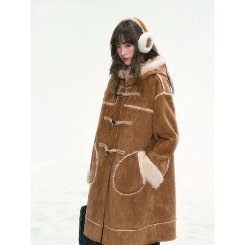 麂皮札记学院风牛角扣毛呢外套减龄保暖连帽呢子大衣女冬小众百搭