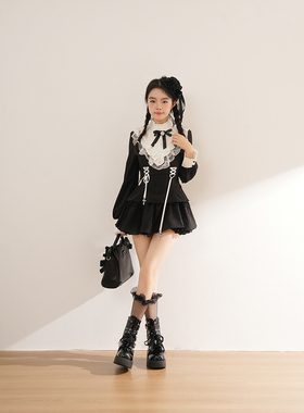 小众地雷风哥特绑带收腰古早Lolita蕾丝拼接连衣裙+短裤两件套女