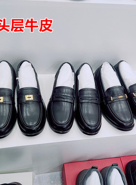 头层牛皮乐福鞋女单鞋通勤上班一脚蹬懒人黑色工装小皮鞋HYX5108