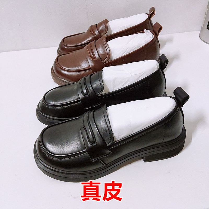 头层牛皮单鞋女一脚蹬套脚乐福鞋