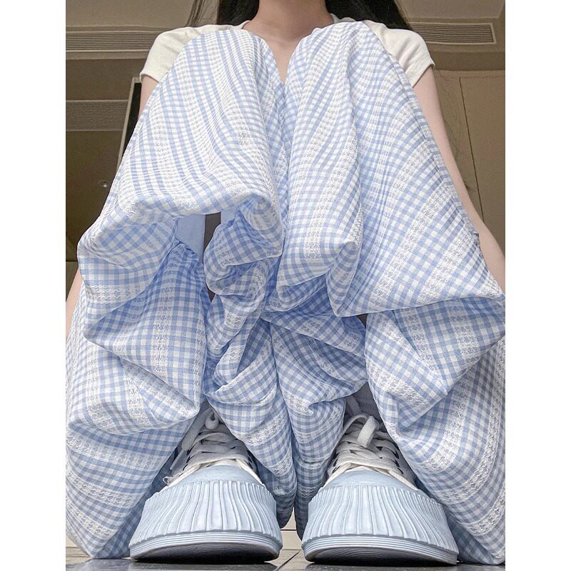 格子花苞裙裤夏季显瘦宽松休闲裤阔腿裤裤直筒裤女工装裤腿阔