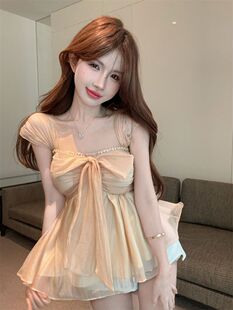 名媛蝴蝶结吊带衬衫女夏季纯欲甜辣妹一字肩抹胸小上衣绝美娃娃衫