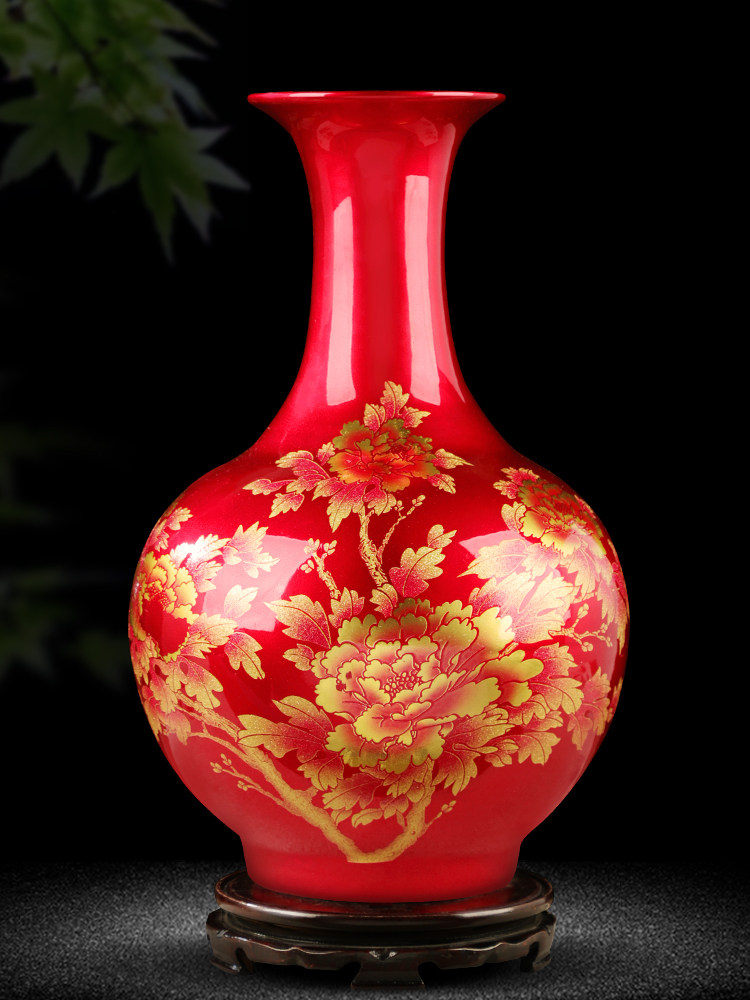 景德镇陶瓷器中国红花瓶插花摆件新中式家居客厅酒柜博古架装饰品