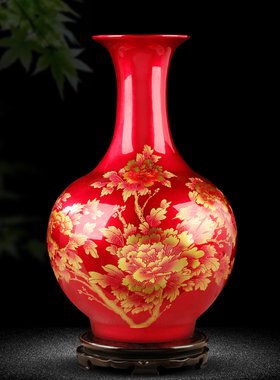 景德镇陶瓷器中国红花瓶插花摆件新中式家居客厅酒柜博古架装饰品